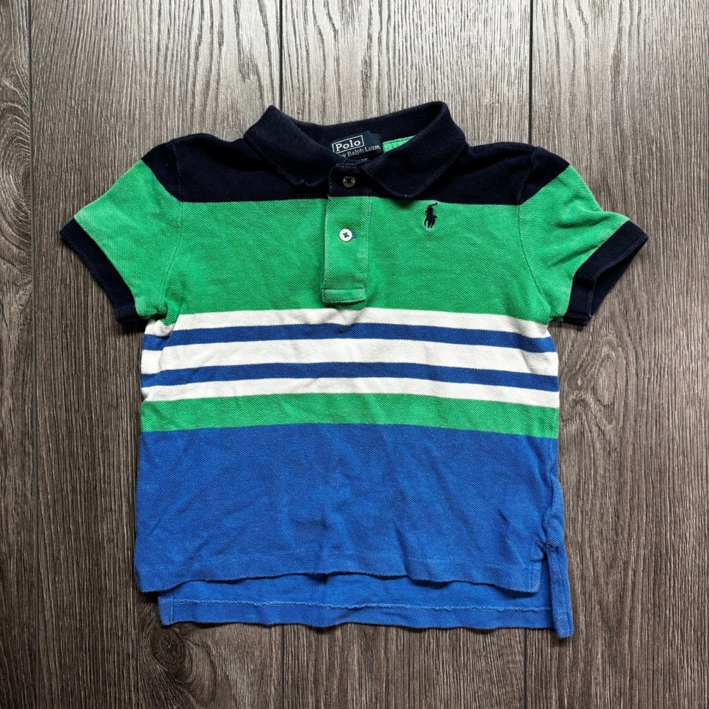 Polo Ralph Lauren Kids 3T Striped Colorblock Pique Polo Shirt Green Blue Navy